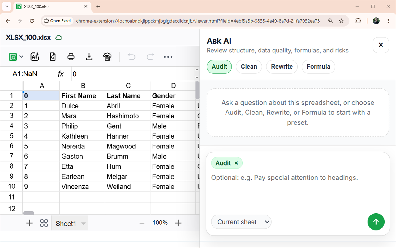 OpenExcel spreadsheet editor with the Ask AI sidebar